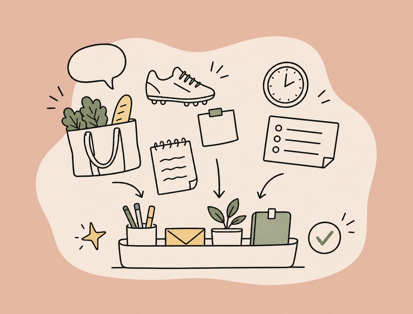 Hand-drawn AI capture illustration showing household notes, groceries, soccer cleat, and tasks becoming organized