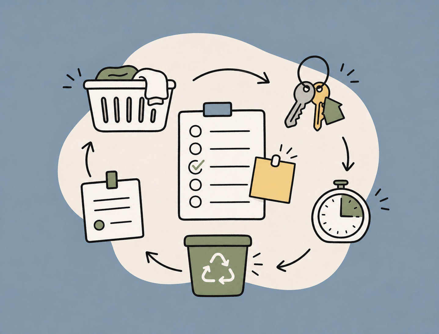 Hand-drawn chores and tasks illustration with checklist, laundry, keys, timer, and recycling