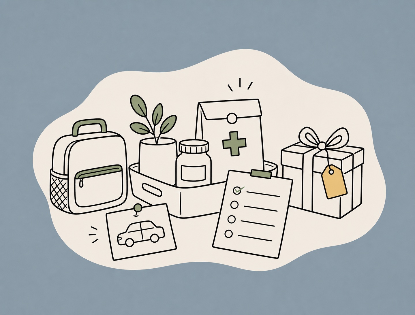 Hand-drawn daily household plan illustration with lunchbox, checklist, prescription, and gift
