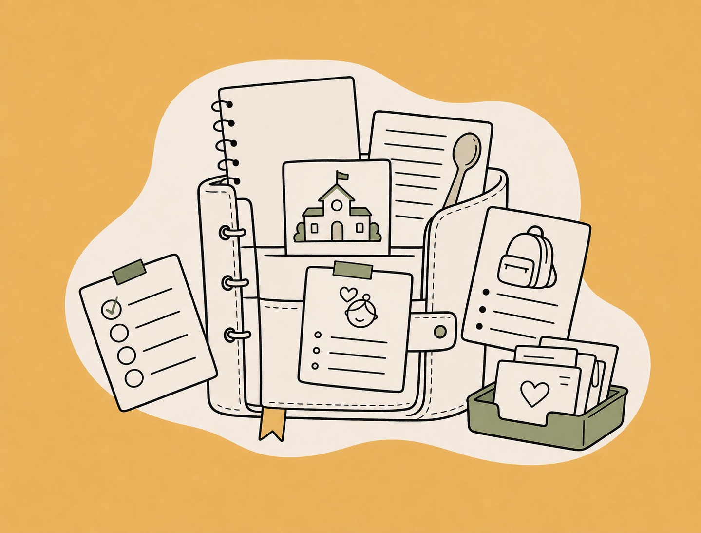 Hand-drawn family notes illustration with binder, school note, recipe card, and household papers