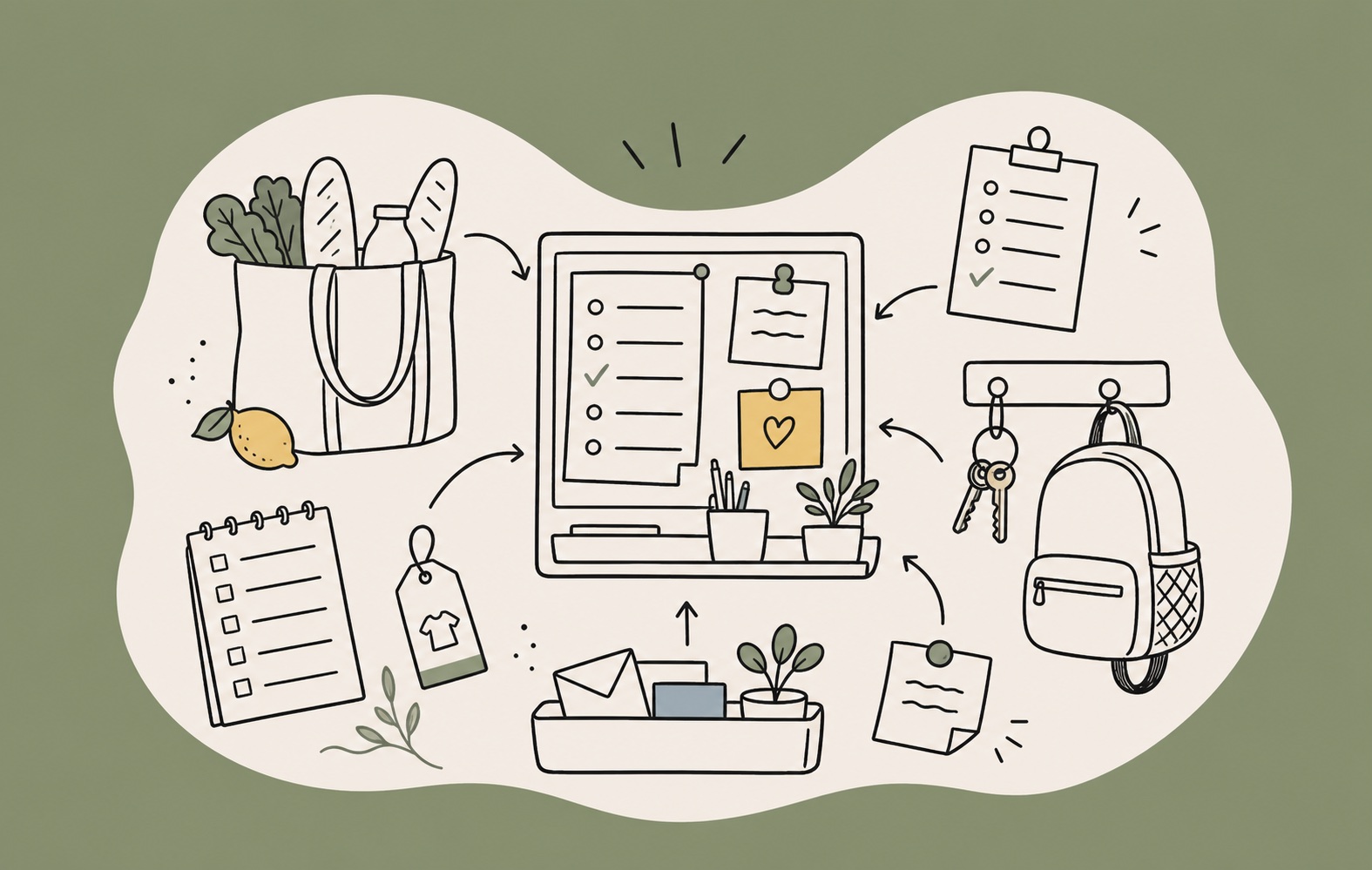 Hand-drawn household hub illustration with grocery list, chores, notes, keys, and school bag
