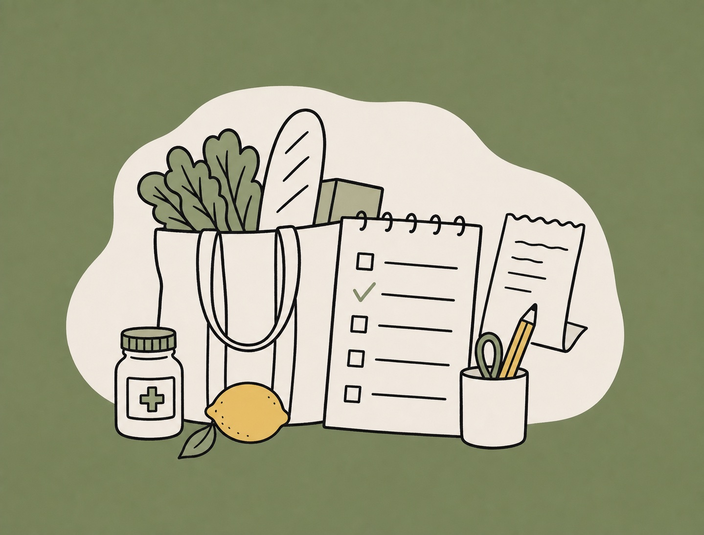 Hand-drawn shared grocery list illustration with tote bag, checklist, school supplies, and lemon